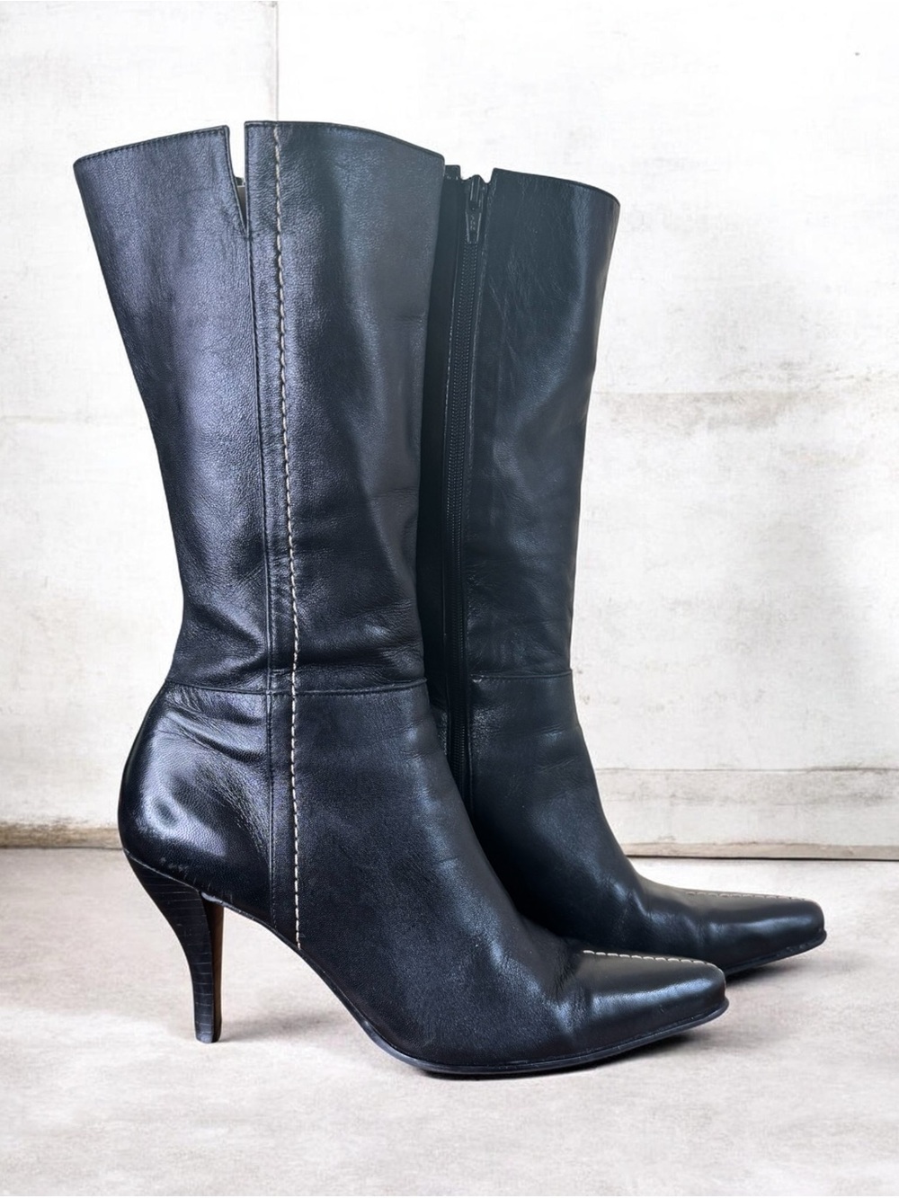 Franco Sarto Black Leather Mid-Calf Pointed Toe Heeled Boots
